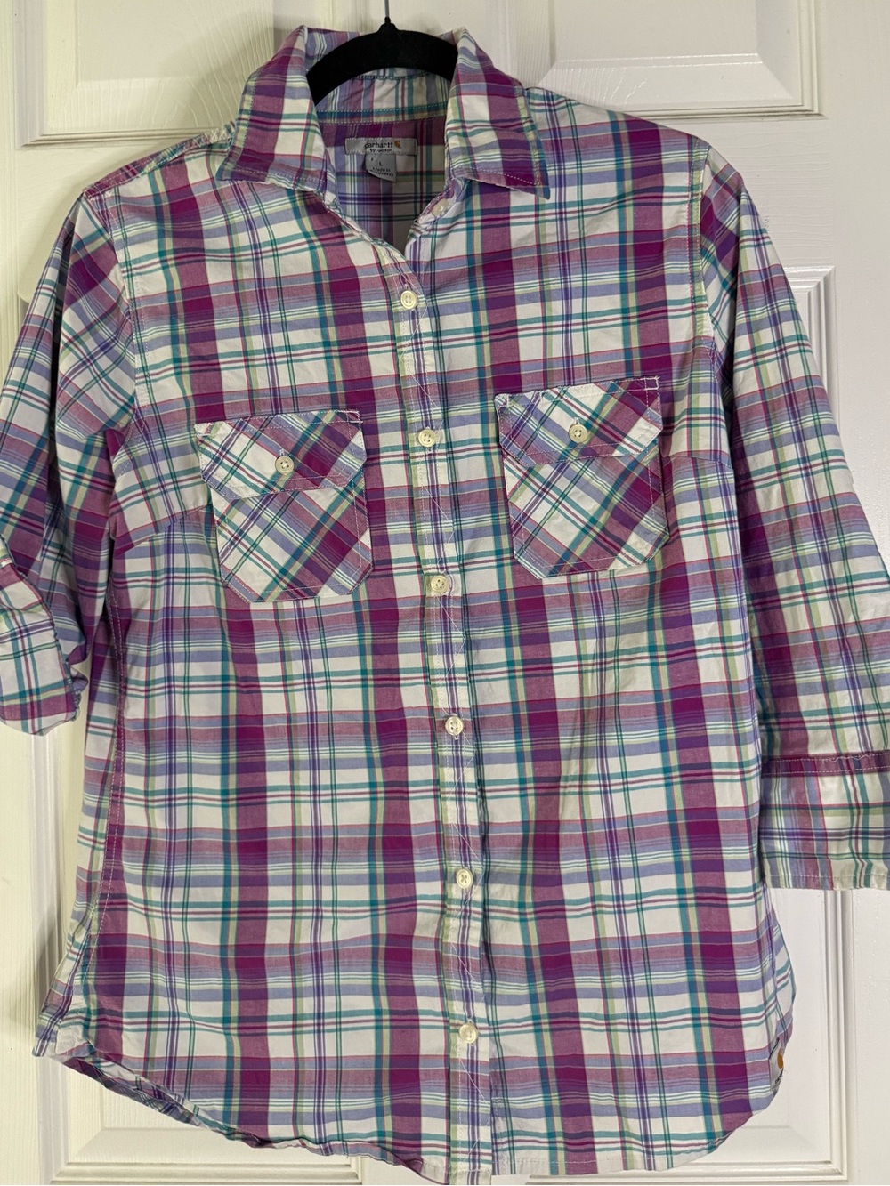 Carhartt Women's Plaid Poplin Shirt 3/4 Roll-Up Sleeve Purple Teal Size large